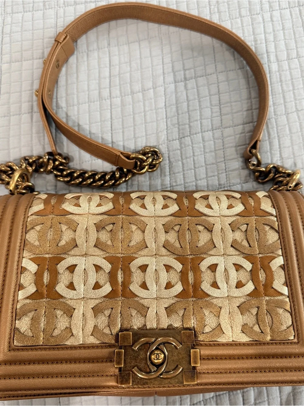 CHANEL Bronze and Cream CC Cutout LeBoy Shoulder Bag